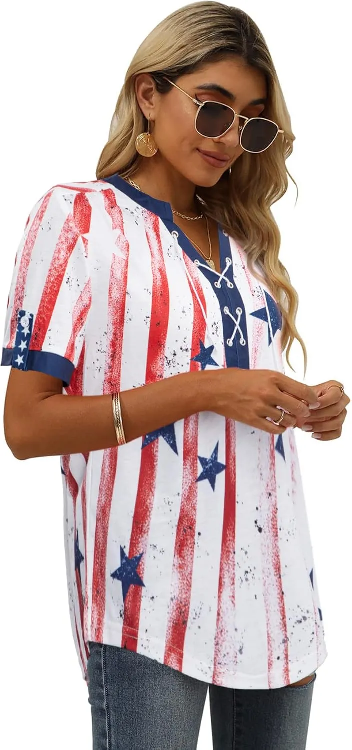 VILOVE American Flag Shirt Tops Women 4th of July T-Shirts Ring Hole Star Stripes USA Short Sleeve V-Neck Patriotic Tees
