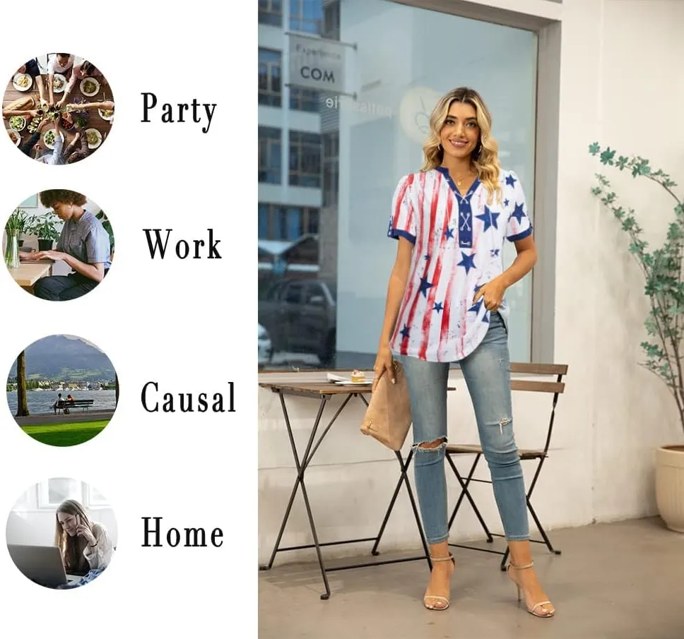 VILOVE American Flag Shirt Tops Women 4th of July T-Shirts Ring Hole Star Stripes USA Short Sleeve V-Neck Patriotic Tees