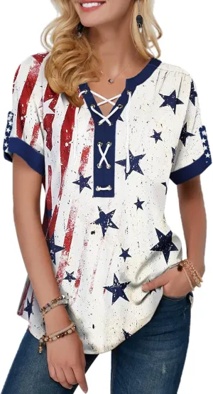 VILOVE American Flag Shirt Tops Women 4th of July T-Shirts Ring Hole Star Stripes USA Short Sleeve V-Neck Patriotic Tees
