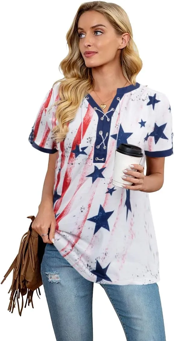 VILOVE American Flag Shirt Tops Women 4th of July T-Shirts Ring Hole Star Stripes USA Short Sleeve V-Neck Patriotic Tees