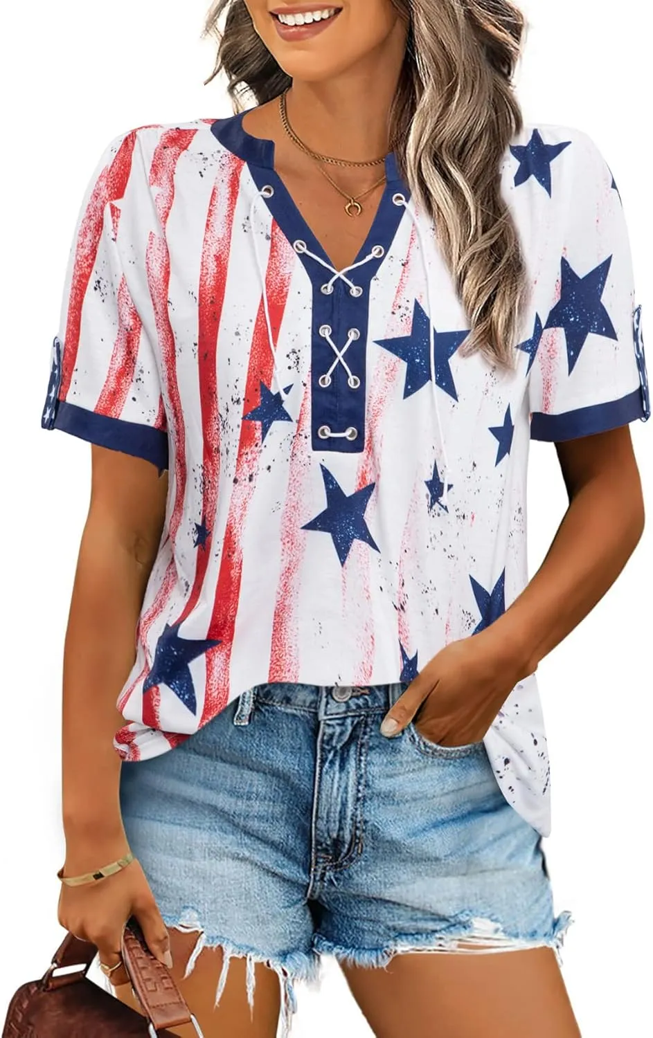 VILOVE American Flag Shirt Tops Women 4th of July T-Shirts Ring Hole Star Stripes USA Short Sleeve V-Neck Patriotic Tees