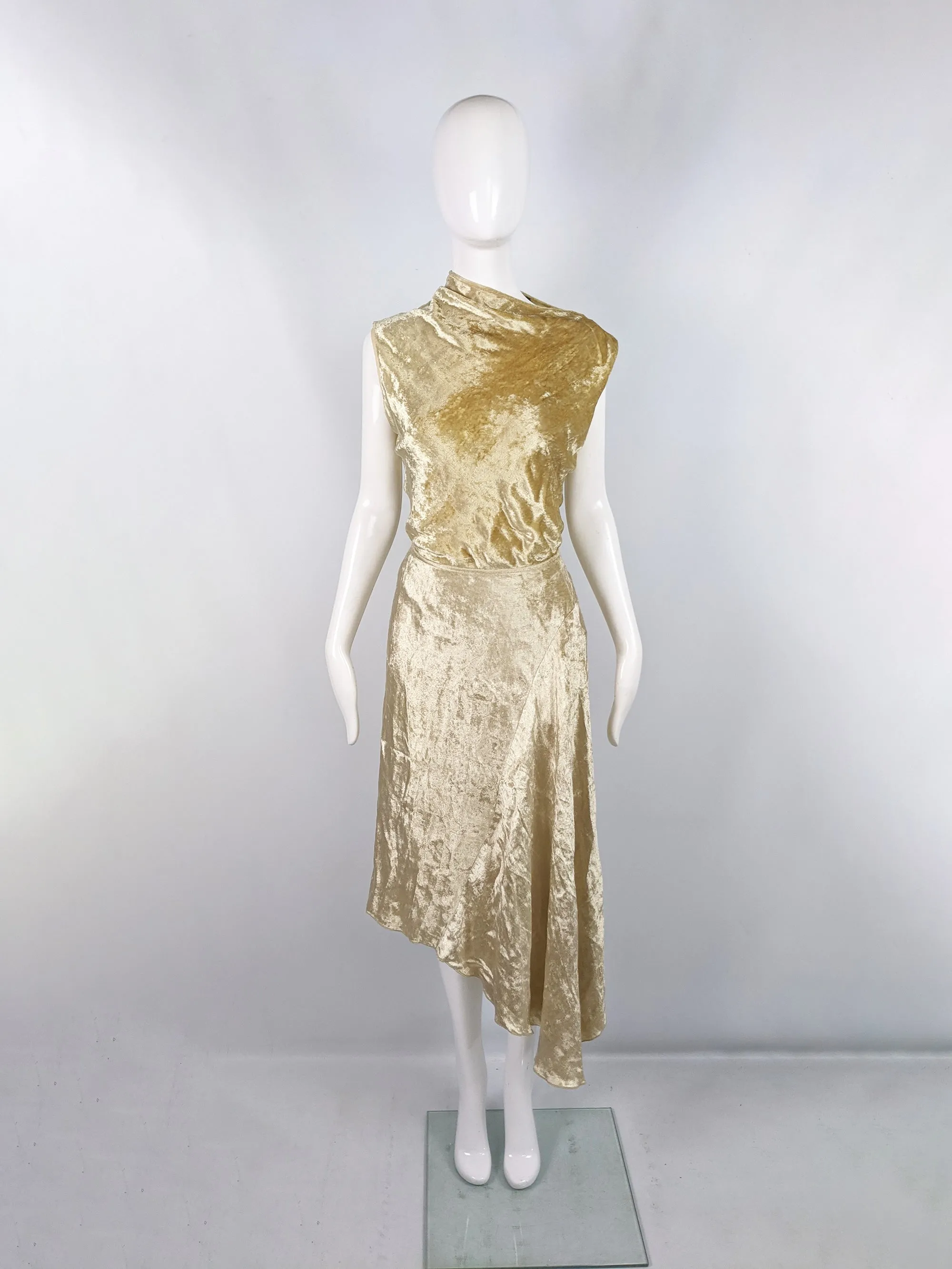 Vintage Gold Velvet Two Piece Asymmetric Top & Skirt Set, 1990s