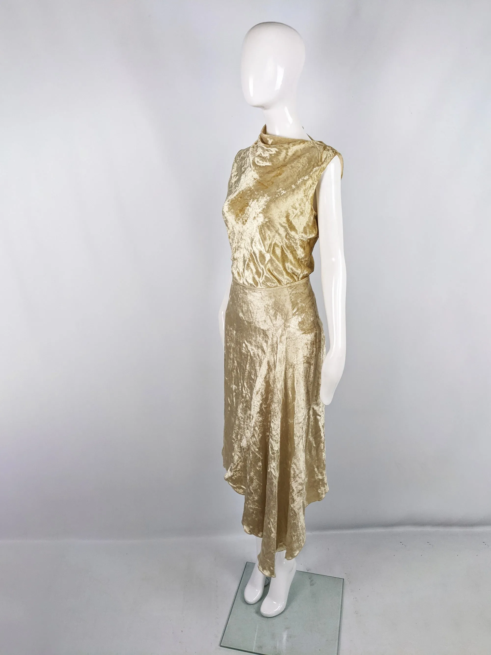 Vintage Gold Velvet Two Piece Asymmetric Top & Skirt Set, 1990s