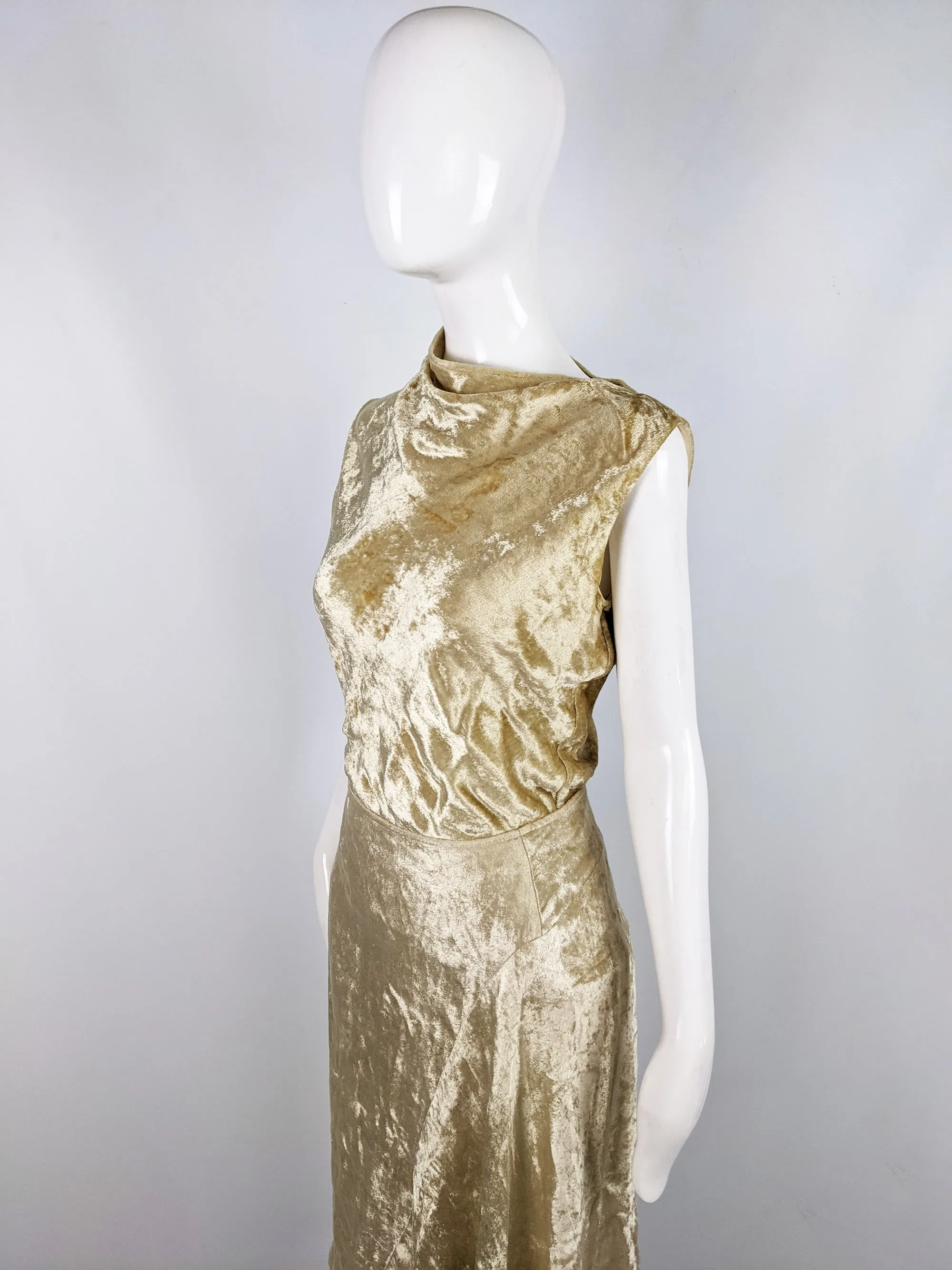 Vintage Gold Velvet Two Piece Asymmetric Top & Skirt Set, 1990s