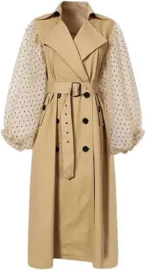 Women Vintage Patchwork Trench Lapel Tulle Lantern Sleeves Belt Double Breasted Trenchcoats