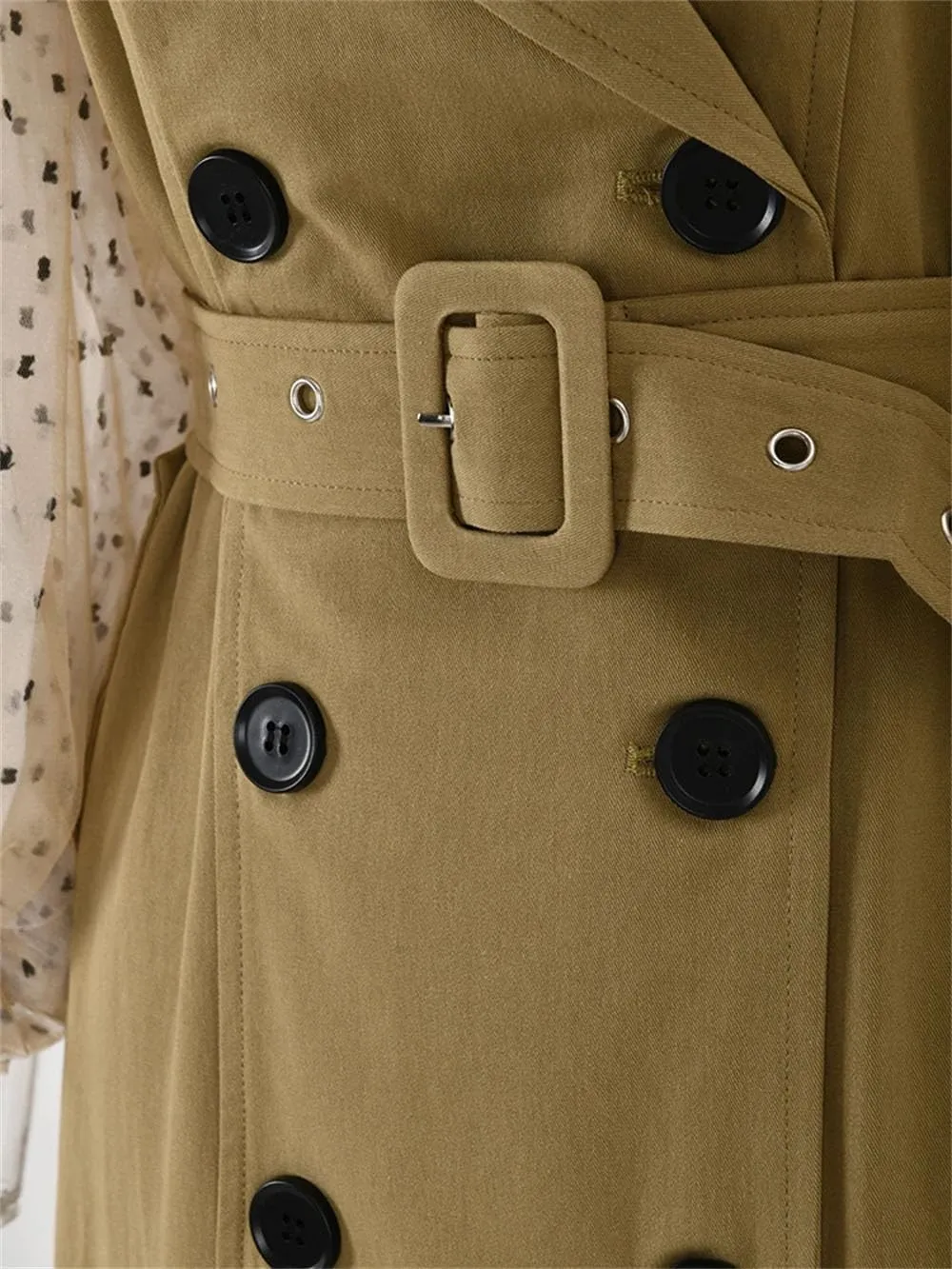 Women Vintage Patchwork Trench Lapel Tulle Lantern Sleeves Belt Double Breasted Trenchcoats