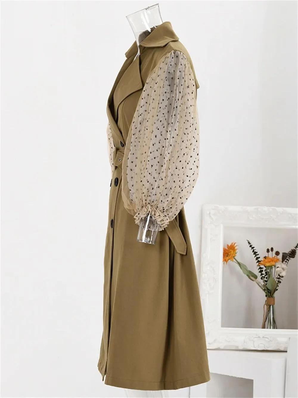 Women Vintage Patchwork Trench Lapel Tulle Lantern Sleeves Belt Double Breasted Trenchcoats