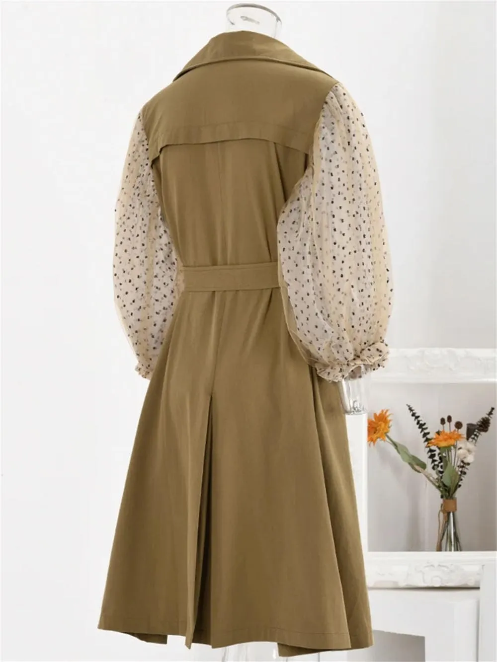 Women Vintage Patchwork Trench Lapel Tulle Lantern Sleeves Belt Double Breasted Trenchcoats