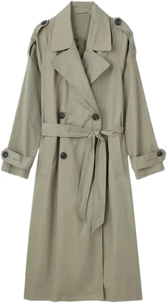 Women With Belt Solid Double Breasted Trench Vintage Lapel Long Sleeves Solid Trenchcoats