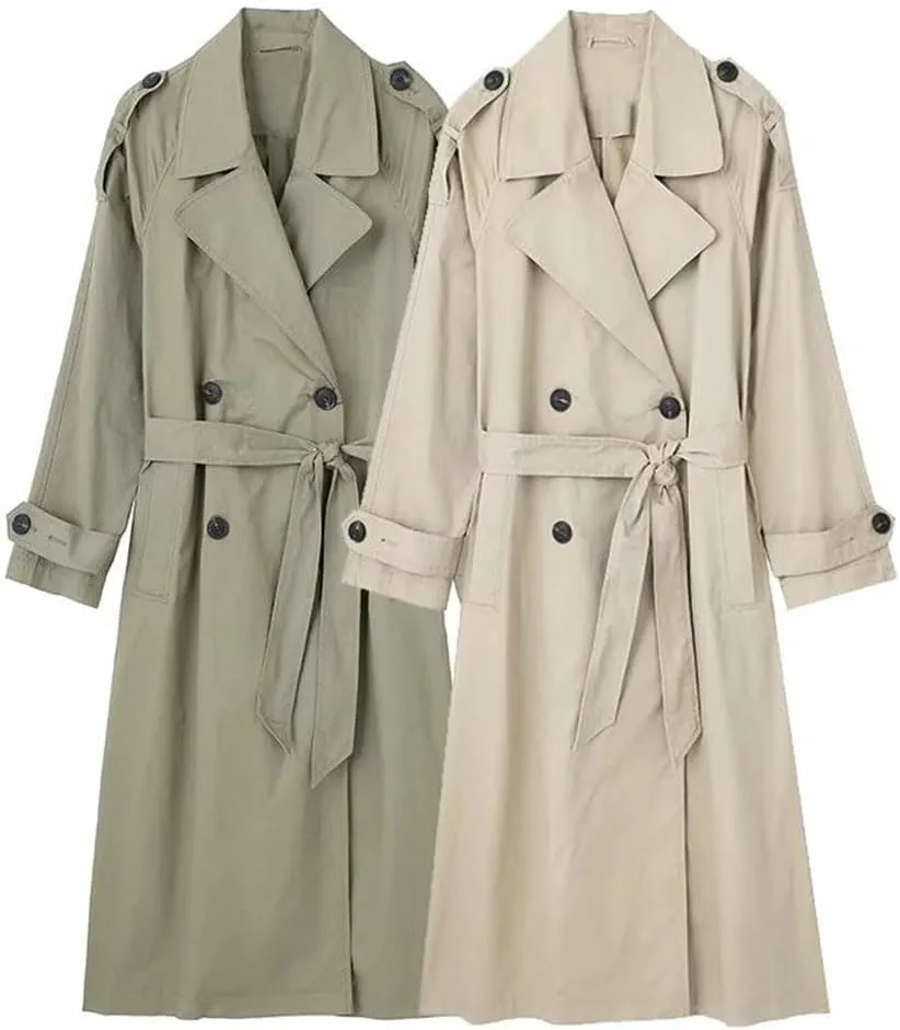 Women With Belt Solid Double Breasted Trench Vintage Lapel Long Sleeves Solid Trenchcoats