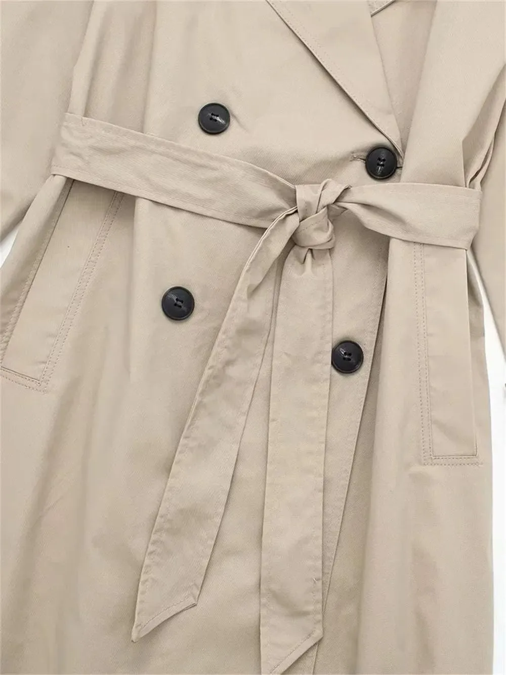 Women With Belt Solid Double Breasted Trench Vintage Lapel Long Sleeves Solid Trenchcoats