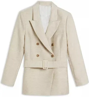 Women's Blazer Linen Suit Jacket with Belt Double Breasted Buttons Daily Casual Work