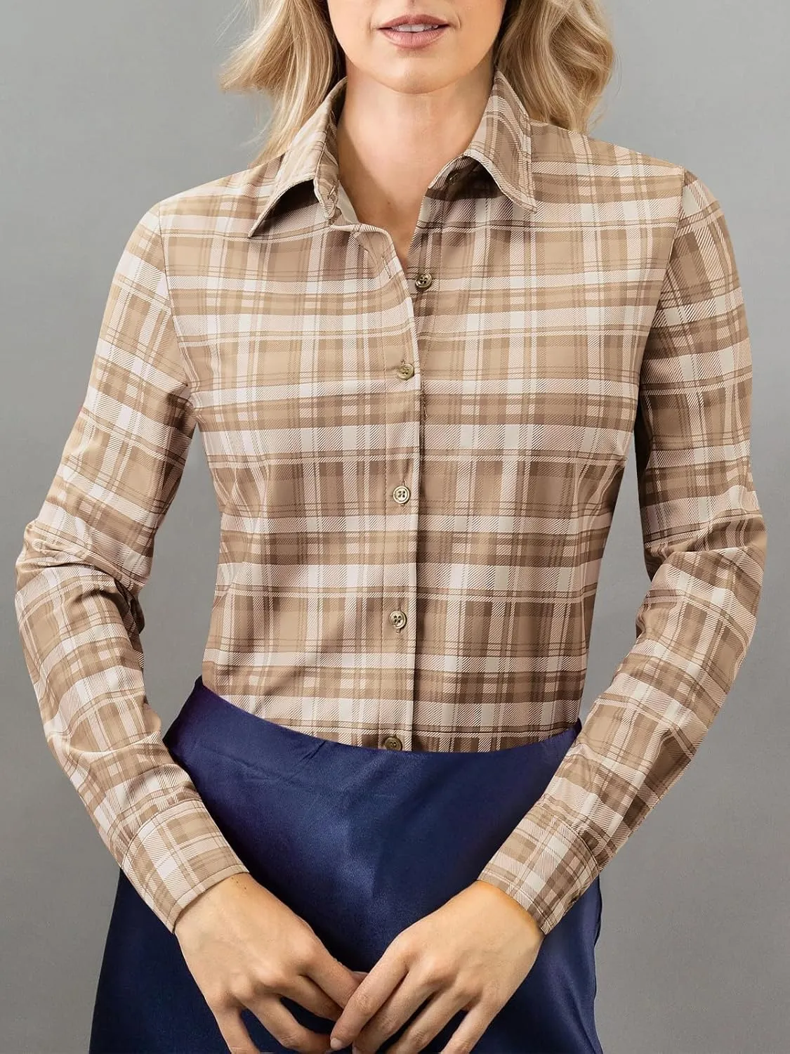 Women's Button Down Shirts Plaid Long Sleeve Dress Shirt Collared Fitted Blouses Wrinkle Free Casual Office Work Tops