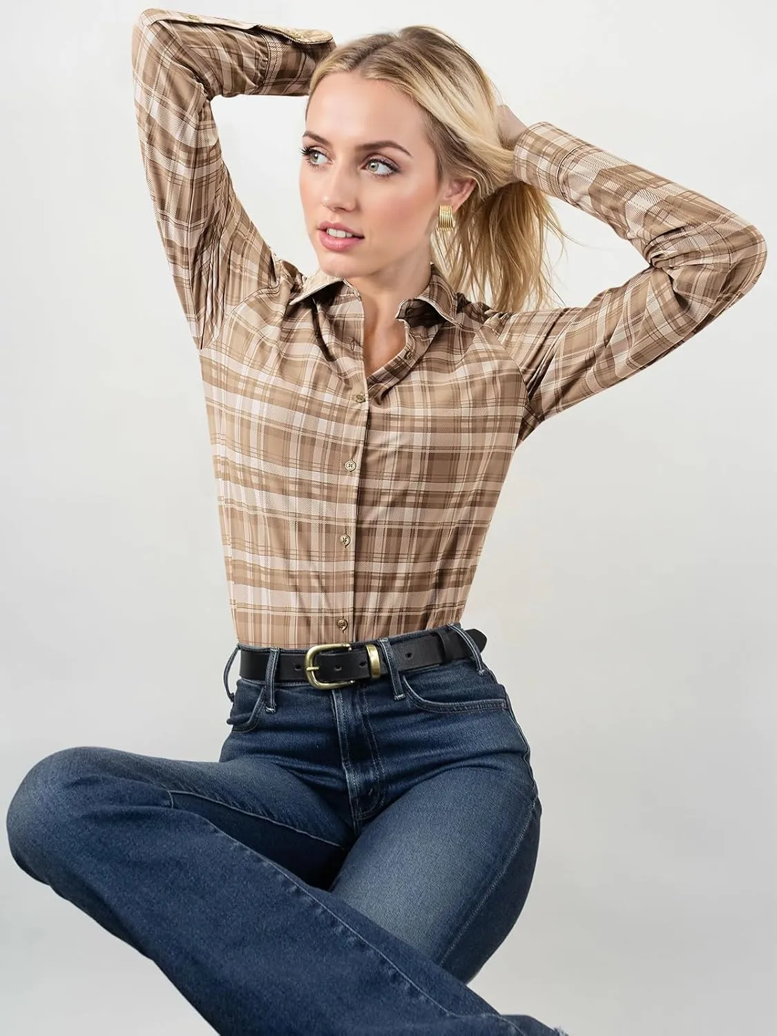 Women's Button Down Shirts Plaid Long Sleeve Dress Shirt Collared Fitted Blouses Wrinkle Free Casual Office Work Tops