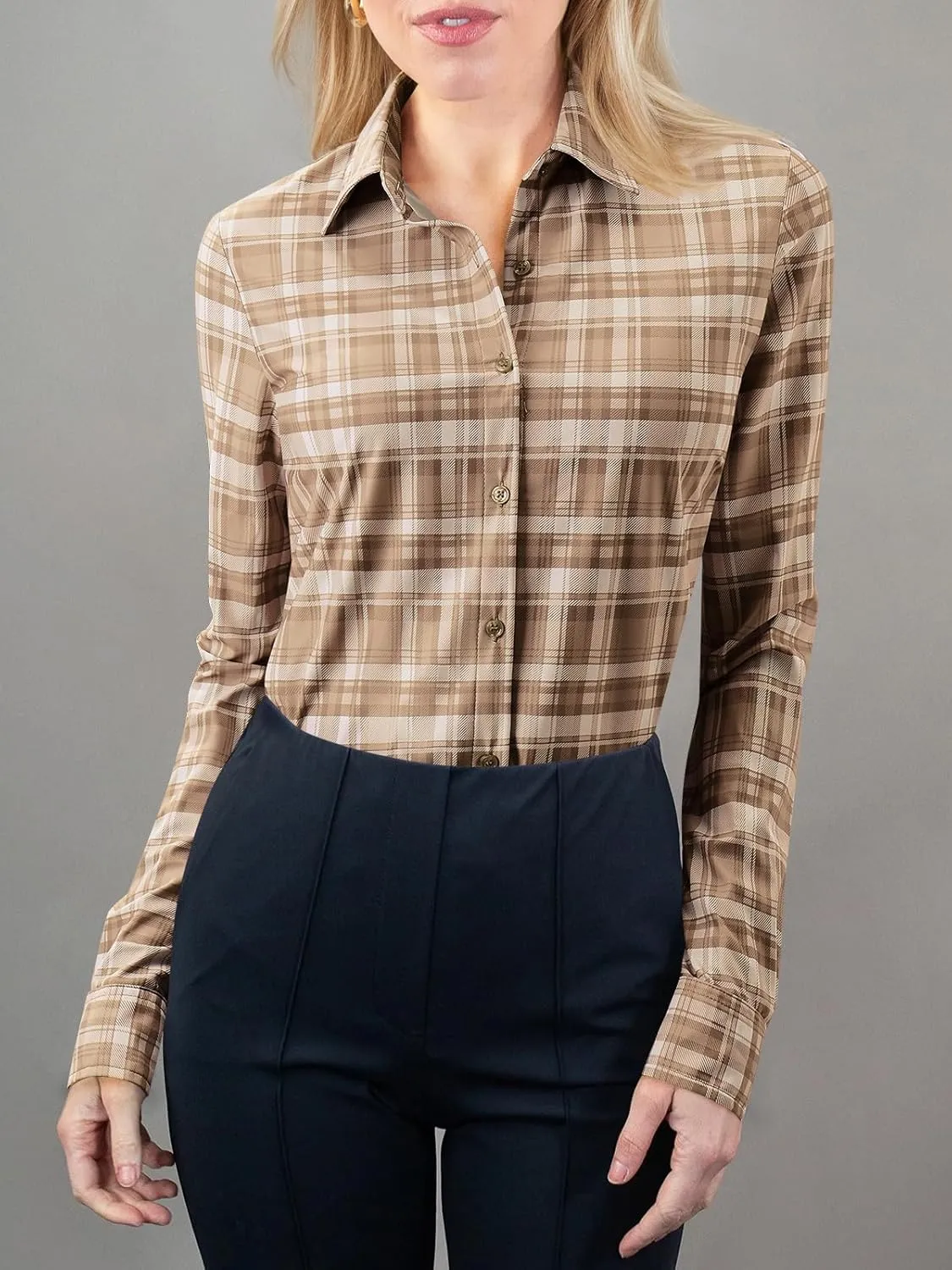 Women's Button Down Shirts Plaid Long Sleeve Dress Shirt Collared Fitted Blouses Wrinkle Free Casual Office Work Tops