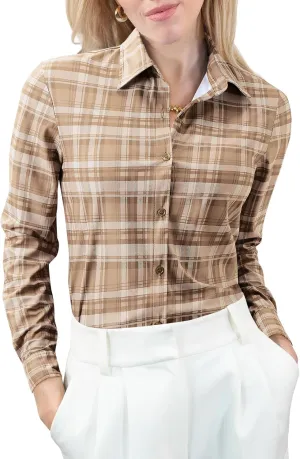 Women's Button Down Shirts Plaid Long Sleeve Dress Shirt Collared Fitted Blouses Wrinkle Free Casual Office Work Tops