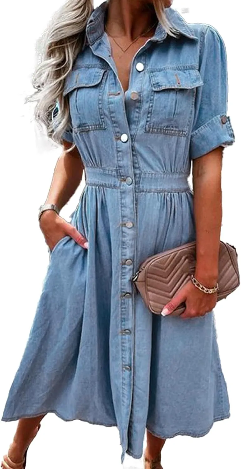 Women's Denim Shirt Dress Summer Casual Short Sleeve V Neck Tunic Jean Maxi dress Vintage Y2K Dresses