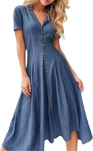 Women's Denim Shirt Dress Summer Casual Short Sleeve V Neck Tunic Jean Maxi dress Vintage Y2K Dresses