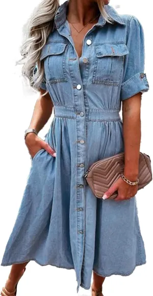 Women's Denim Shirt Dress Summer Casual Short Sleeve V Neck Tunic Jean Maxi dress Vintage Y2K Dresses