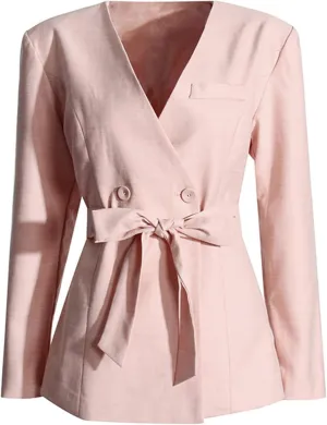 Women's Double Breasted Blazer V-Neck Suit Jacket with Belt for Wedding Party