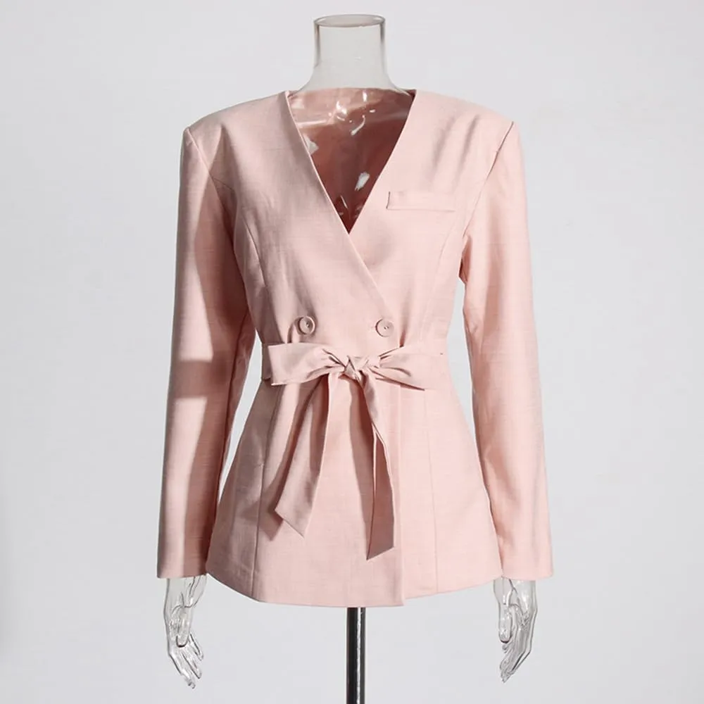 Women's Double Breasted Blazer V-Neck Suit Jacket with Belt for Wedding Party