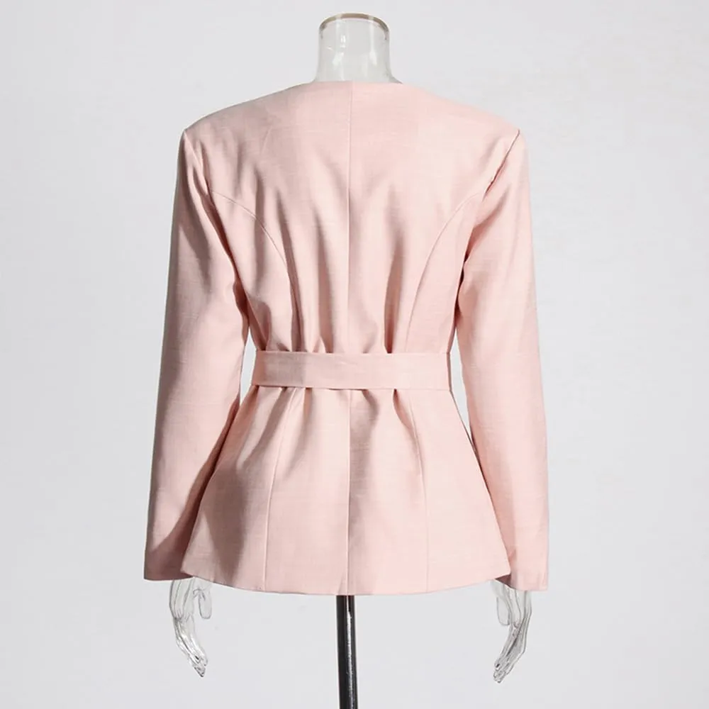 Women's Double Breasted Blazer V-Neck Suit Jacket with Belt for Wedding Party