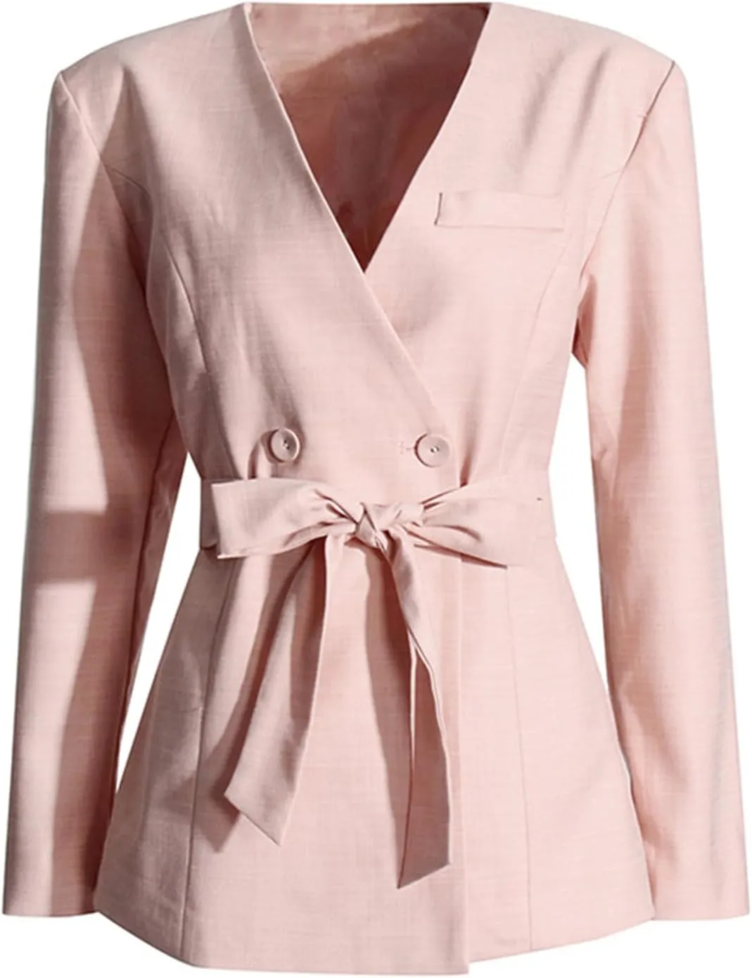 Women's Double Breasted Blazer V-Neck Suit Jacket with Belt for Wedding Party