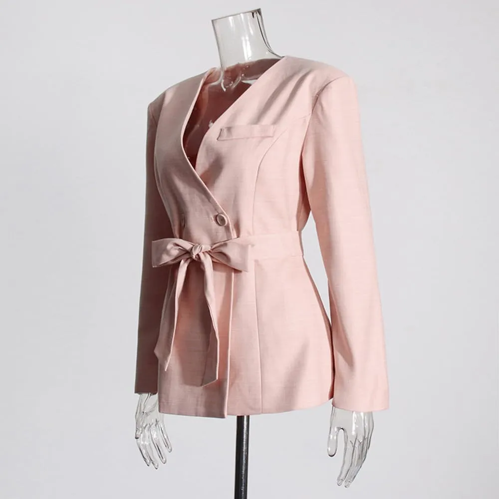 Women's Double Breasted Blazer V-Neck Suit Jacket with Belt for Wedding Party