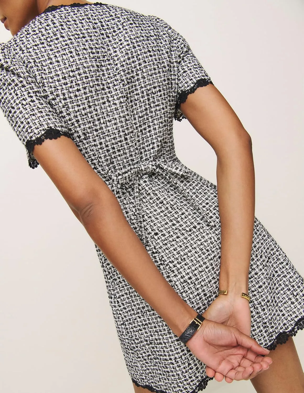 Women's Square Neck Tweed Mini Dress Short Sleeve Button Front Cocktail Party Dress