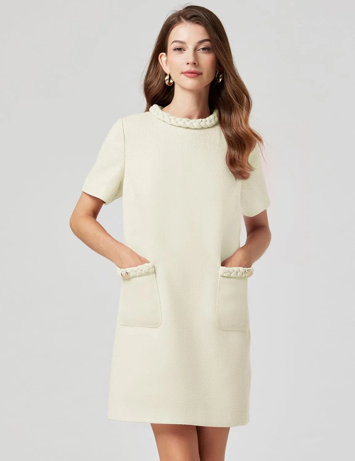 Womens Tweed Jackie Dress Twist Crewneck Vintage Elegant Lady Mini Dress with Pockets 