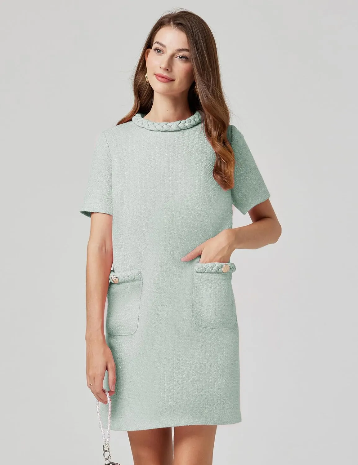 Womens Tweed Jackie Dress Twist Crewneck Vintage Elegant Lady Mini Dress with Pockets 