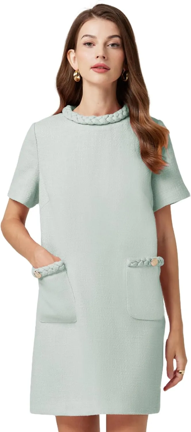 Womens Tweed Jackie Dress Twist Crewneck Vintage Elegant Lady Mini Dress with Pockets 