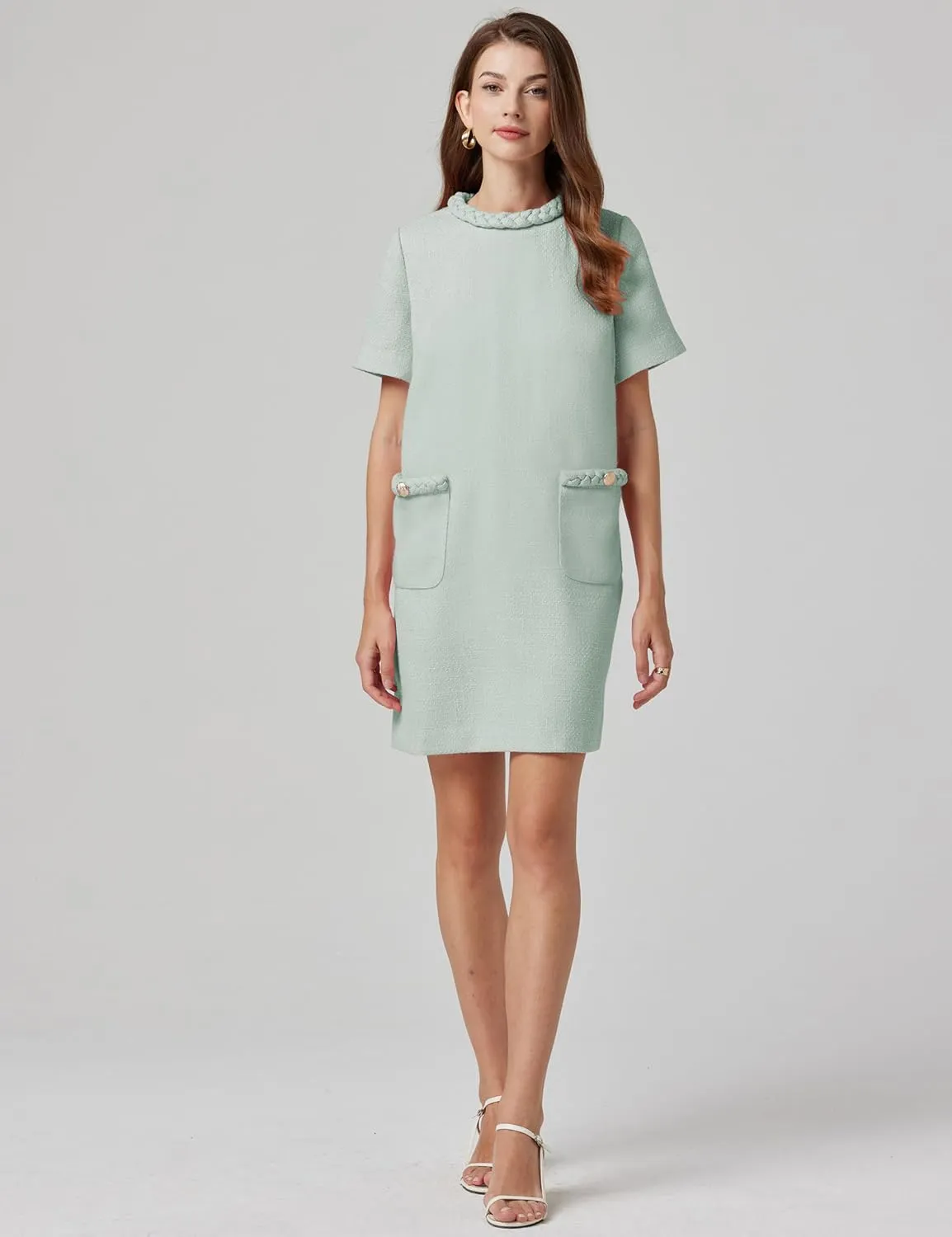 Womens Tweed Jackie Dress Twist Crewneck Vintage Elegant Lady Mini Dress with Pockets 