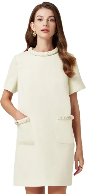 Womens Tweed Jackie Dress Twist Crewneck Vintage Elegant Lady Mini Dress with Pockets 