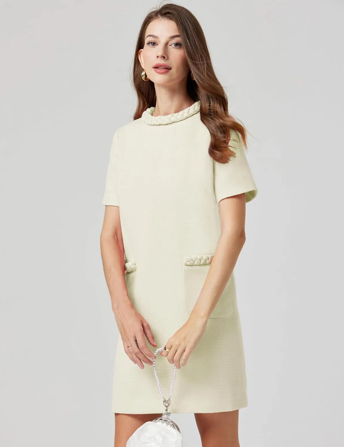 Womens Tweed Jackie Dress Twist Crewneck Vintage Elegant Lady Mini Dress with Pockets 