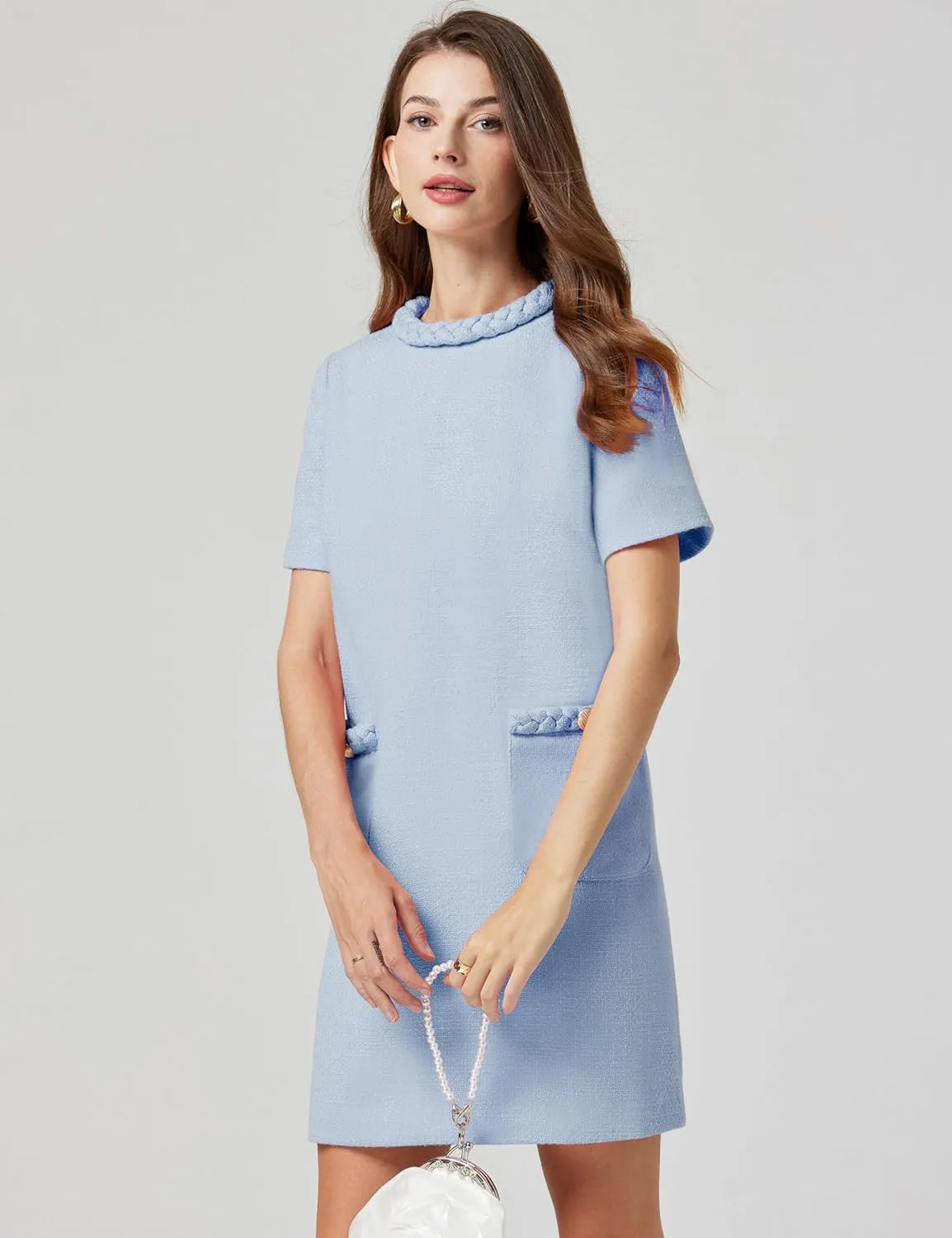 Womens Tweed Jackie Dress Twist Crewneck Vintage Elegant Lady Mini Dress with Pockets 