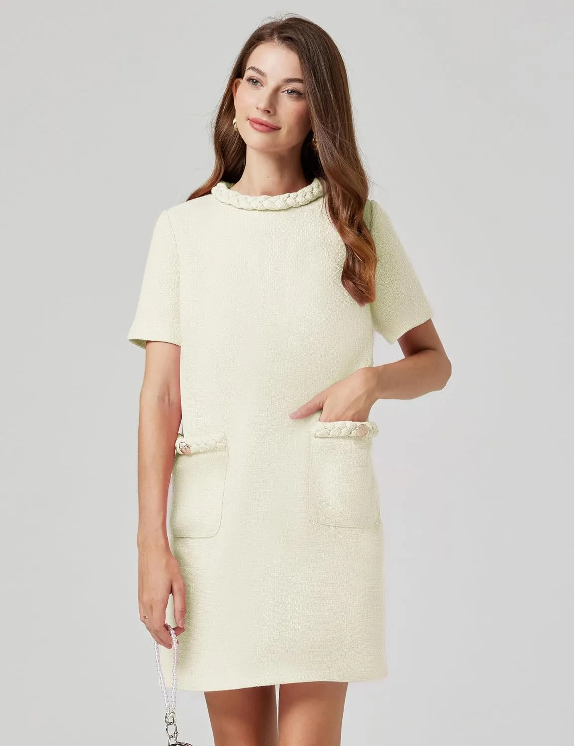 Womens Tweed Jackie Dress Twist Crewneck Vintage Elegant Lady Mini Dress with Pockets 