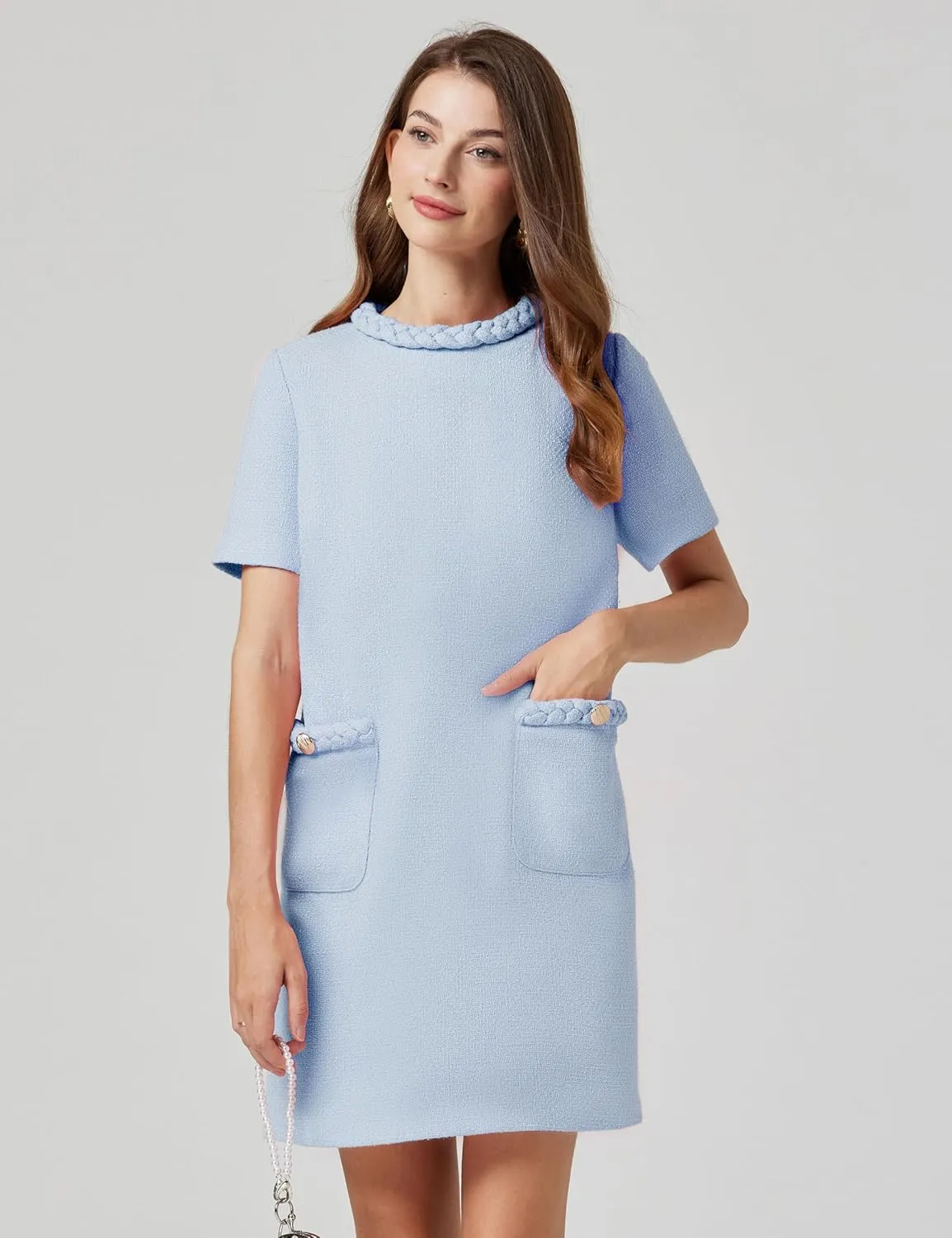 Womens Tweed Jackie Dress Twist Crewneck Vintage Elegant Lady Mini Dress with Pockets 