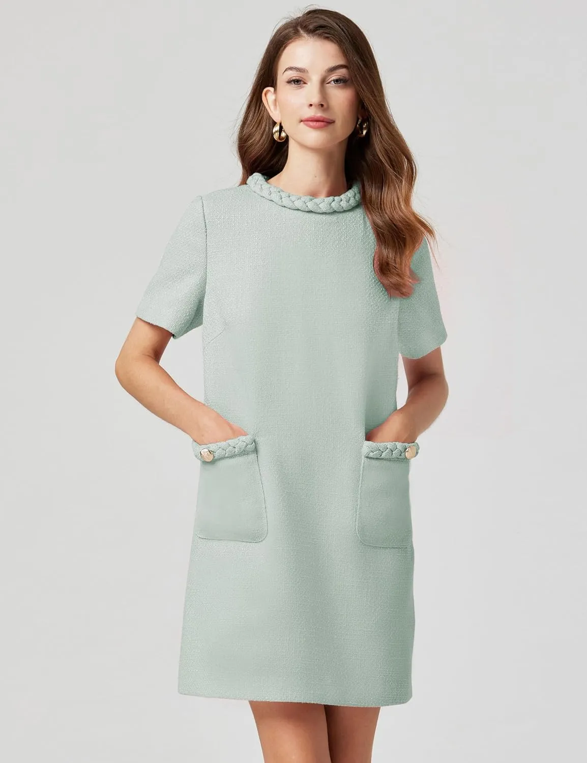 Womens Tweed Jackie Dress Twist Crewneck Vintage Elegant Lady Mini Dress with Pockets 