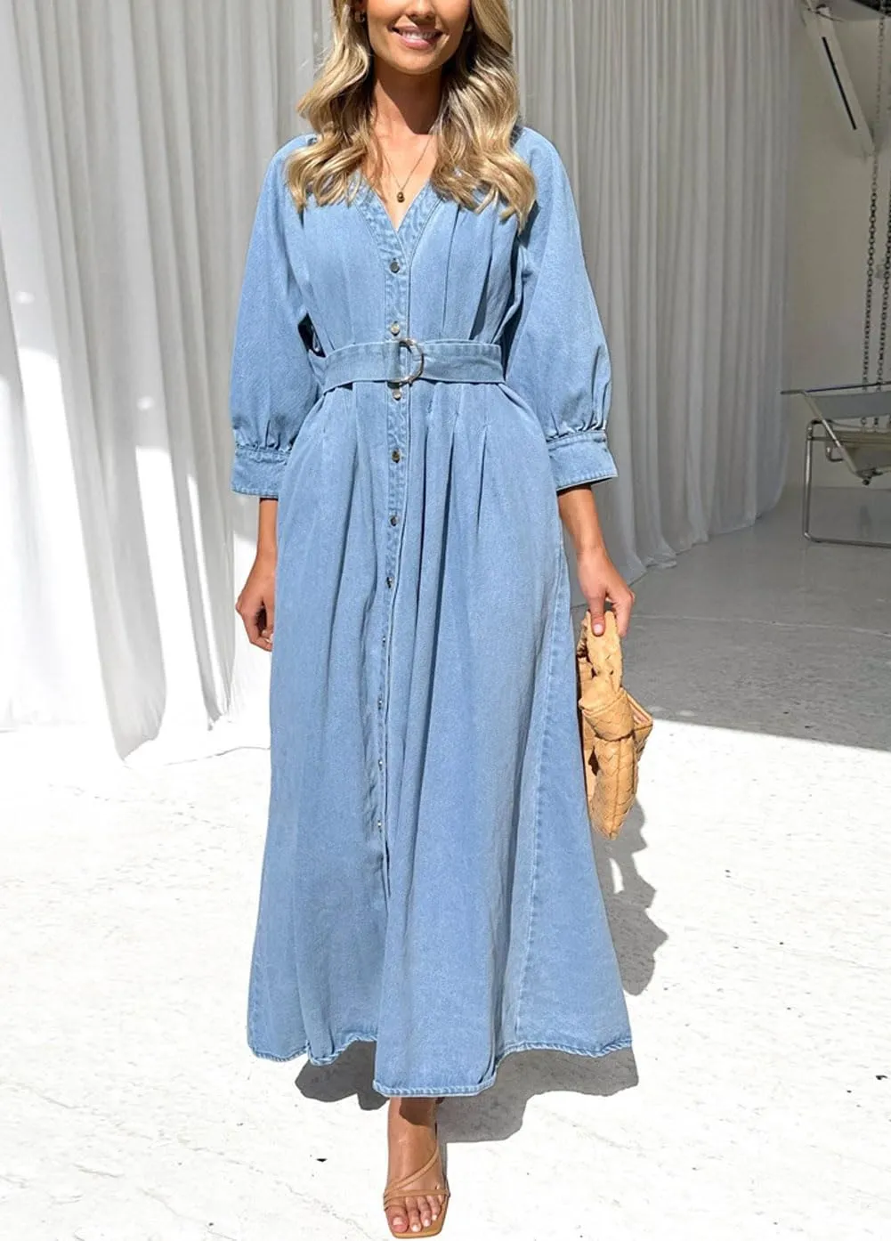 Women's Vintage Button Down Denim Shirt Dress 3/4 Sleeve V-Neck Maxi Long Jean Dress with Belt