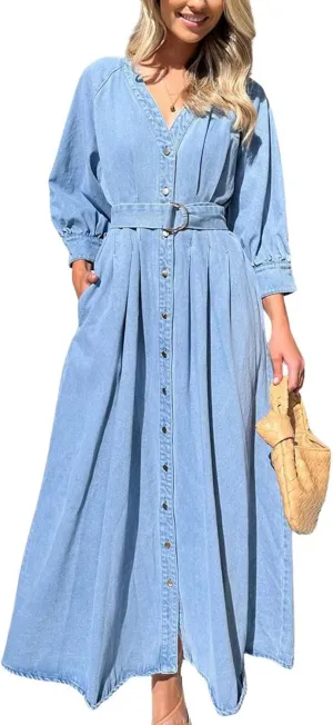Women's Vintage Button Down Denim Shirt Dress 3/4 Sleeve V-Neck Maxi Long Jean Dress with Belt