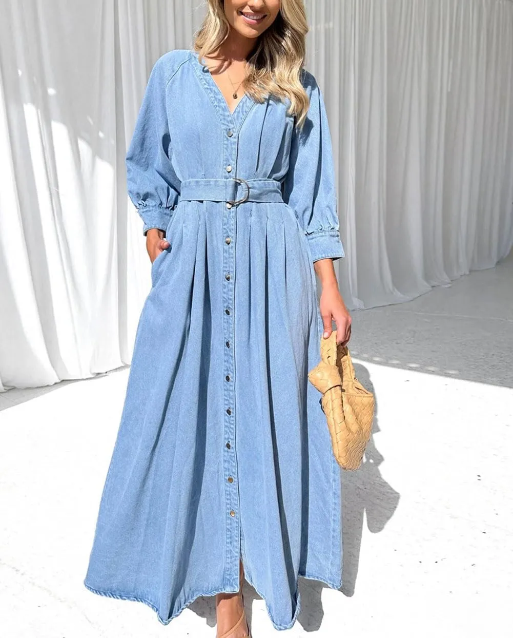 Women's Vintage Button Down Denim Shirt Dress 3/4 Sleeve V-Neck Maxi Long Jean Dress with Belt