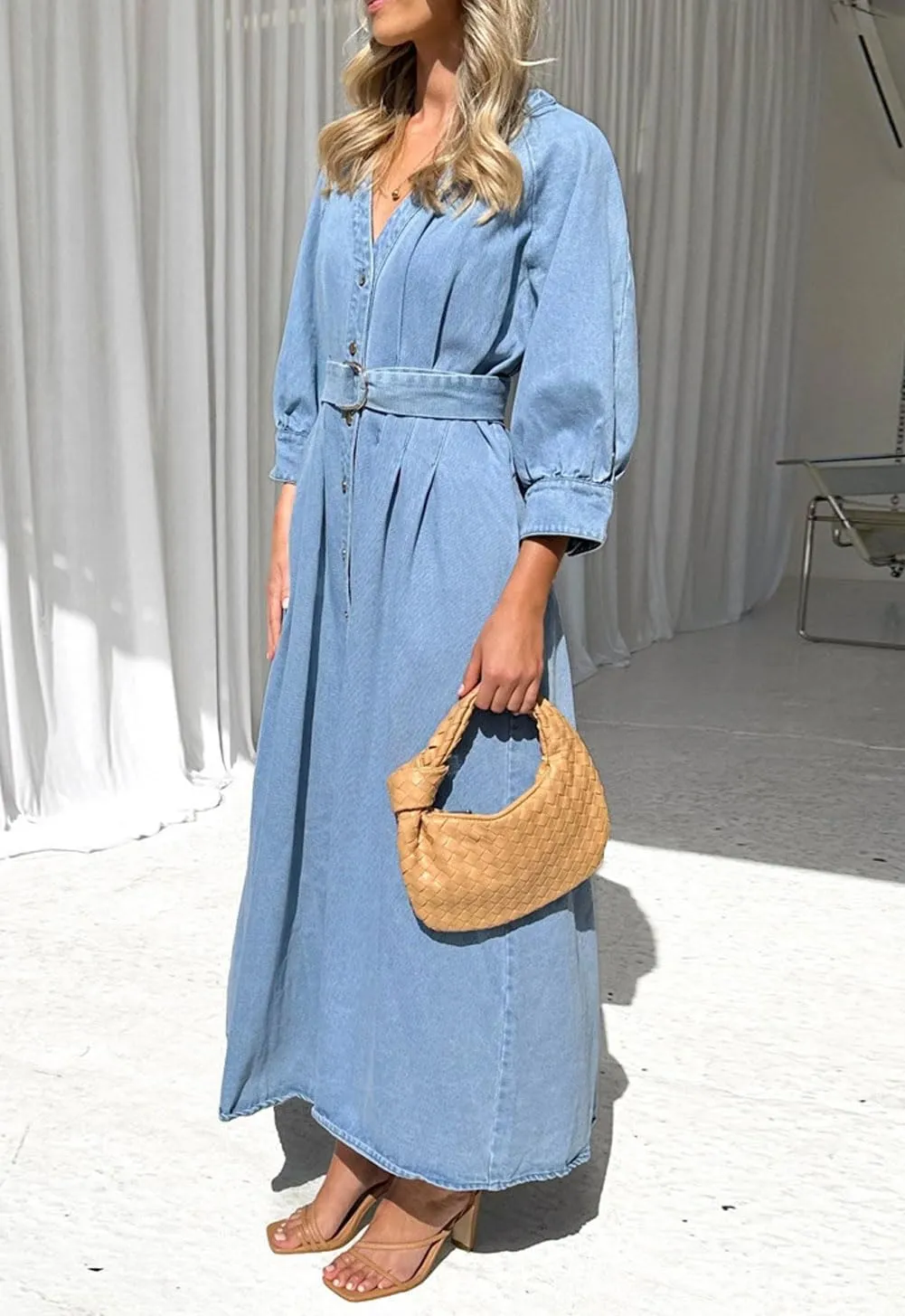 Women's Vintage Button Down Denim Shirt Dress 3/4 Sleeve V-Neck Maxi Long Jean Dress with Belt