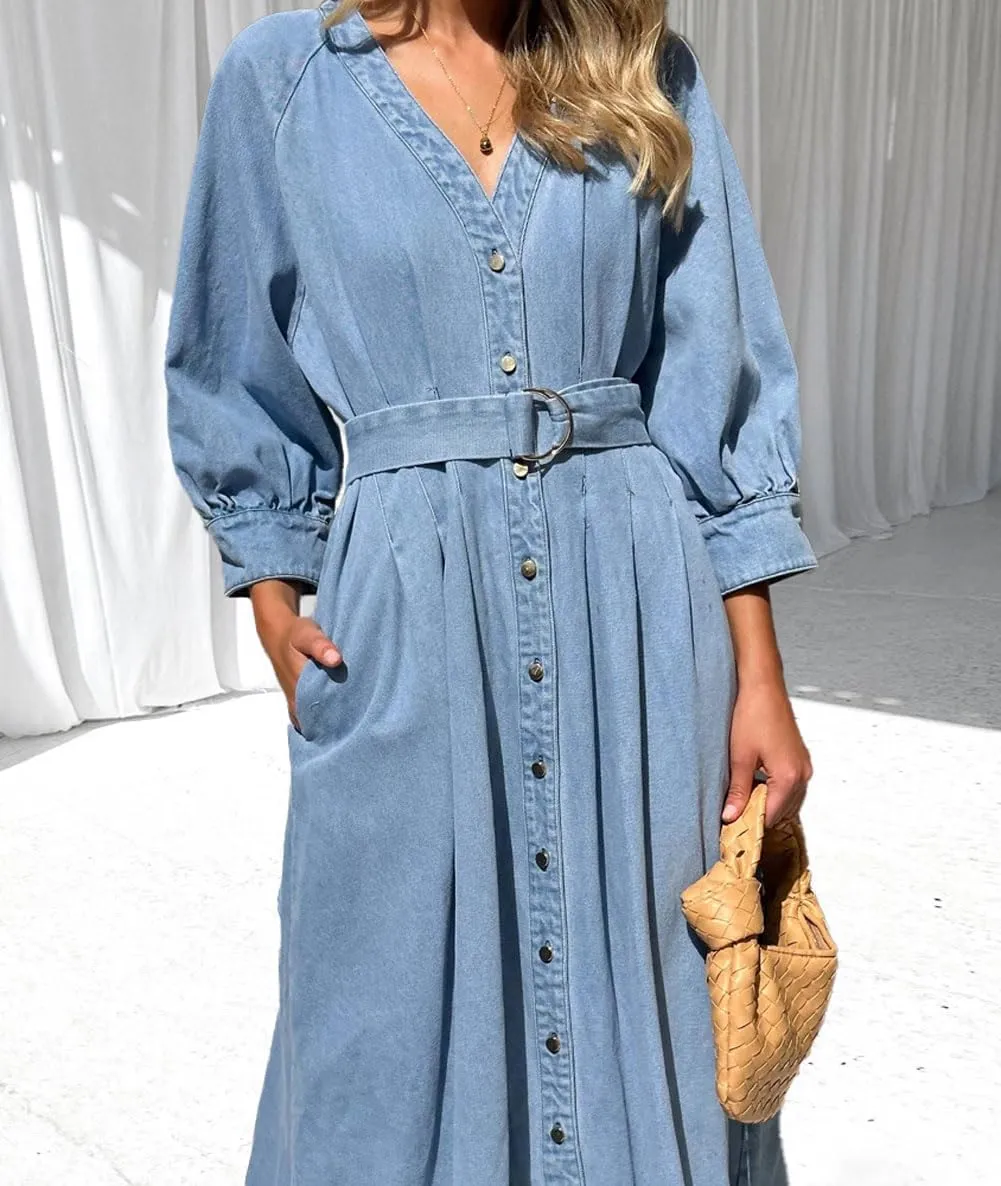 Women's Vintage Button Down Denim Shirt Dress 3/4 Sleeve V-Neck Maxi Long Jean Dress with Belt