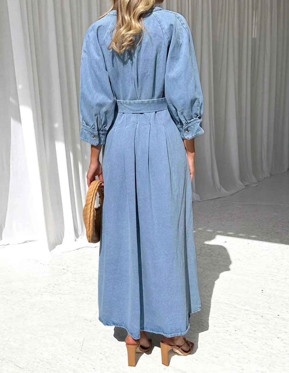Women's Vintage Button Down Denim Shirt Dress 3/4 Sleeve V-Neck Maxi Long Jean Dress with Belt