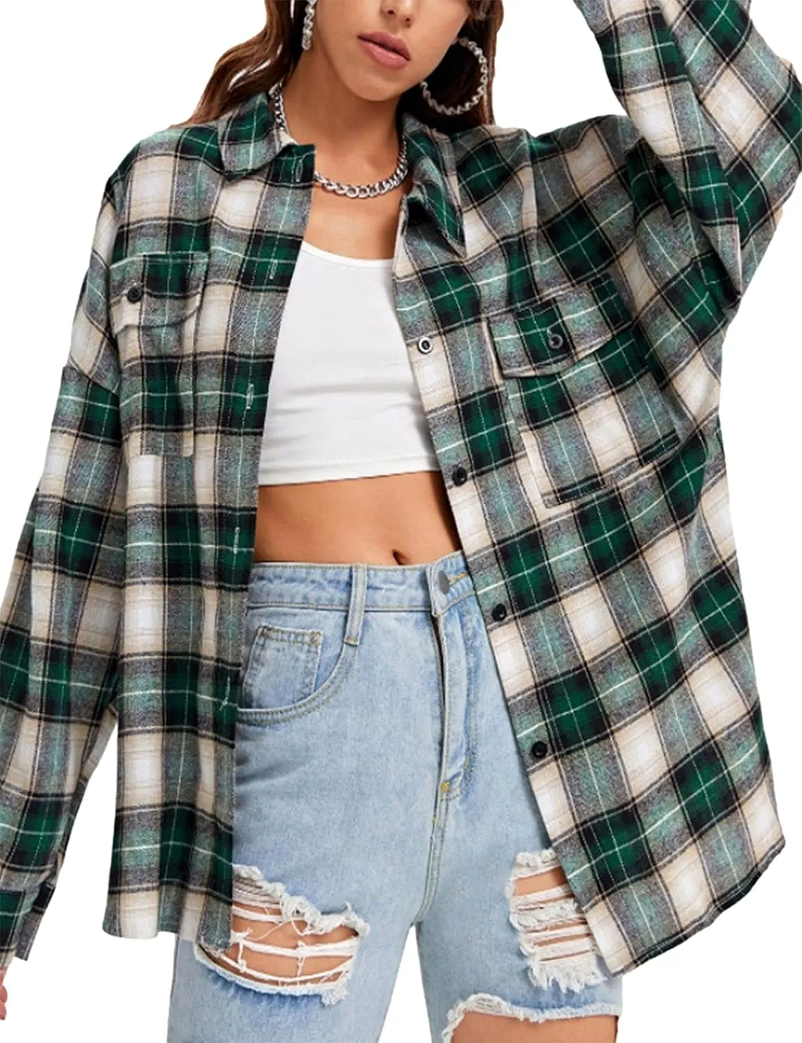 Zontroldy Womens Flannel Plaid Shirts Oversized Lightweight Buffalo Plaid Button Down Shirt Blouse Tops