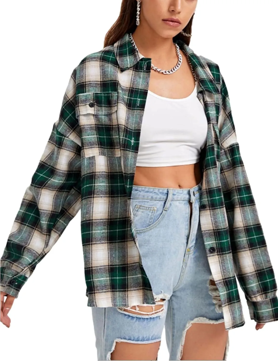 Zontroldy Womens Flannel Plaid Shirts Oversized Lightweight Buffalo Plaid Button Down Shirt Blouse Tops